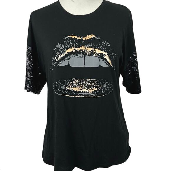 Express Women Tshirt Top Short Sleeve Sequin Black Grunge Princess Punk Size XS - Picture 1 of 7